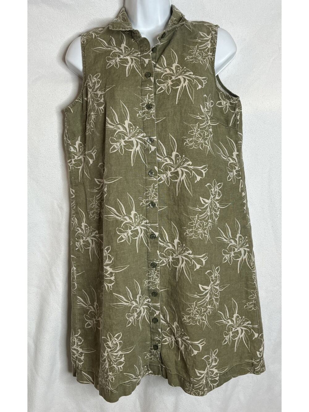 Garnet Hill Women’s 6 Green Floral 100% Linen Sleeveless Button Front Dress